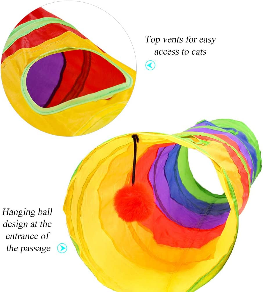 Rainbow collapsible cat tunnel with ball toy
