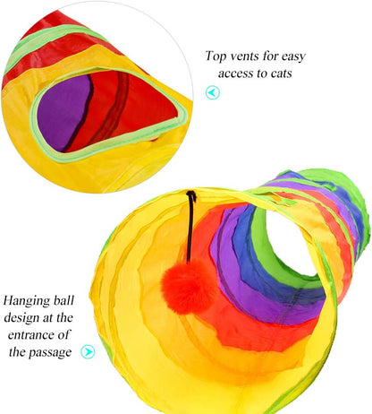 Rainbow collapsible cat tunnel with ball toy