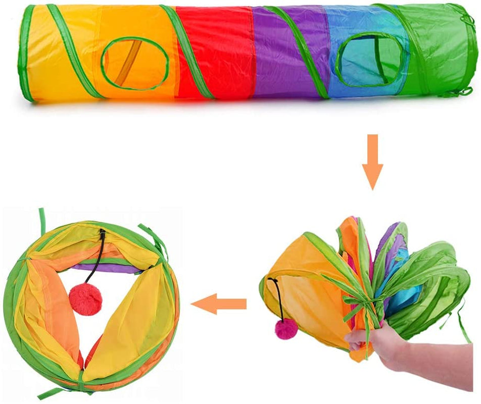 Rainbow collapsible cat tunnel with ball toy