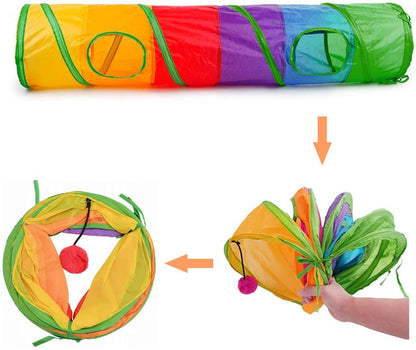 Rainbow collapsible cat tunnel with ball toy