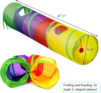 Rainbow collapsible cat tunnel with ball toy