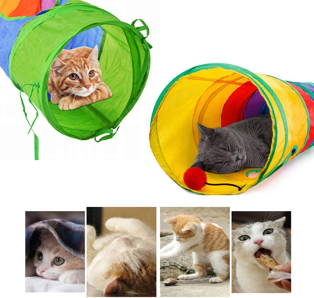 Rainbow collapsible cat tunnel with ball toy