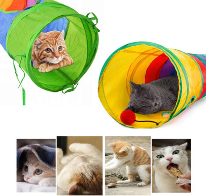 Rainbow collapsible cat tunnel with ball toy