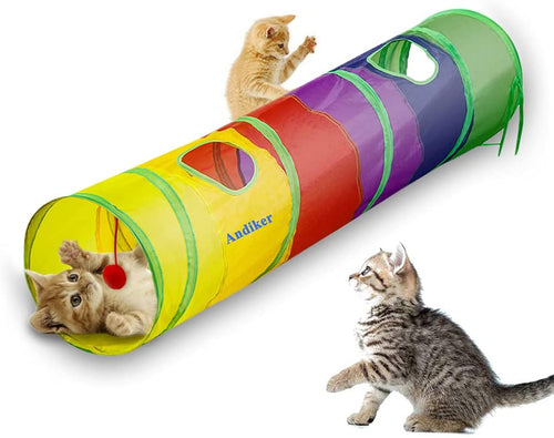 Rainbow collapsible cat tunnel with ball toy